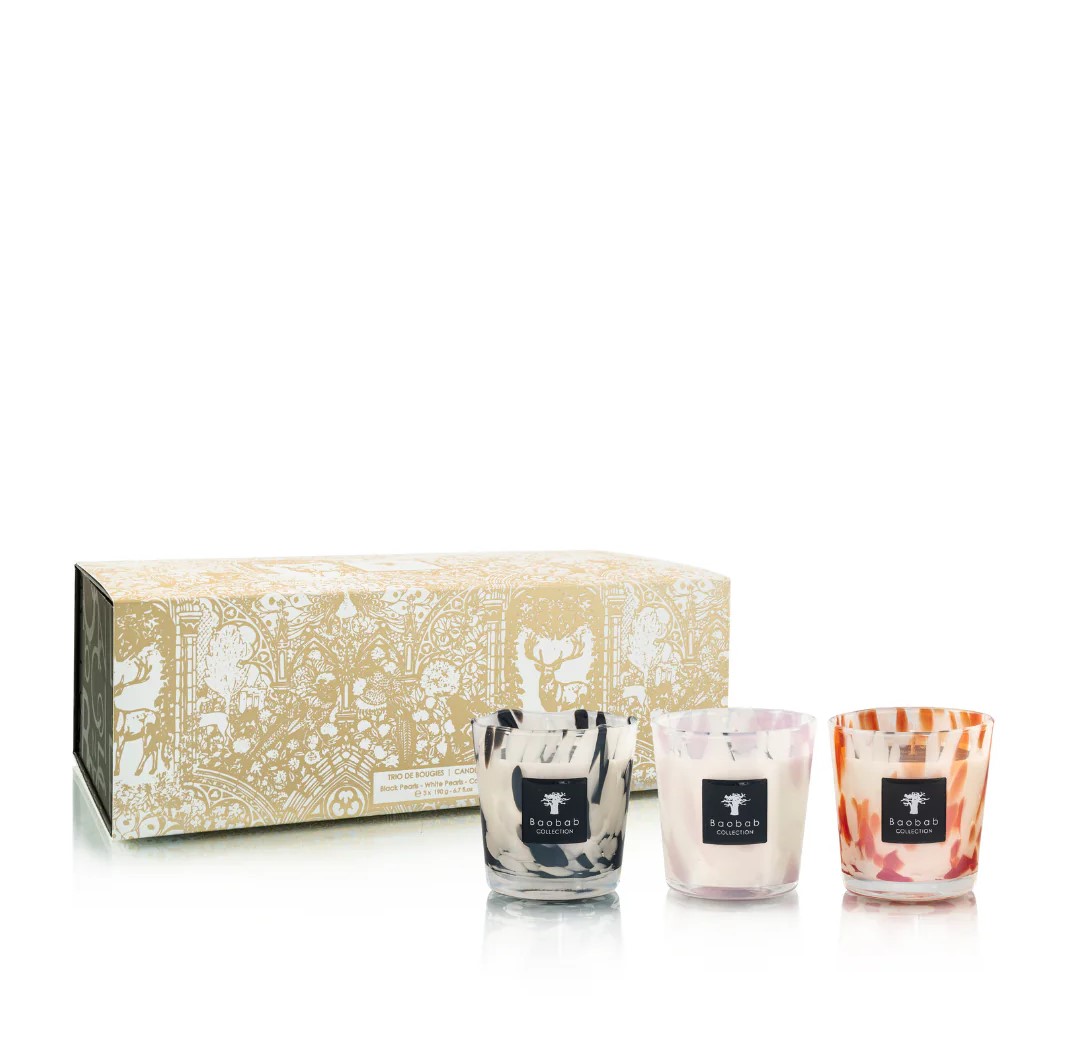 Coffret trio de bougies Pearls en format Max 08 : Black Pearls, White Pearls et Coral Pearls