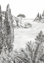 papier peint panoramique cypres isidore leroy paysage mediterraneen grisaille calanque végétation castel décor mural haut de gamme