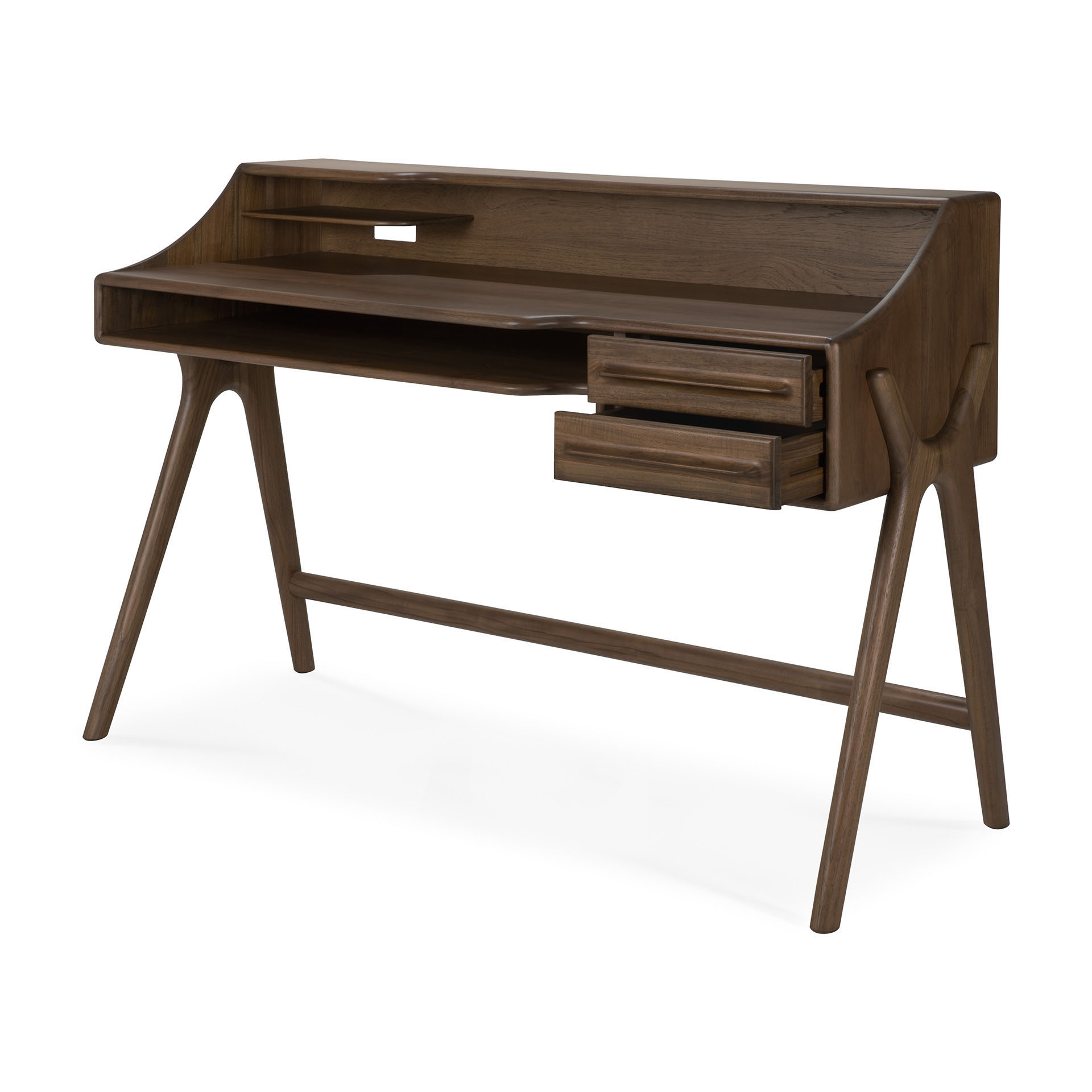 bureau flow ethnicraft bois massif acajou brun rose ou teck wild brown design contemporain deux tiroirs